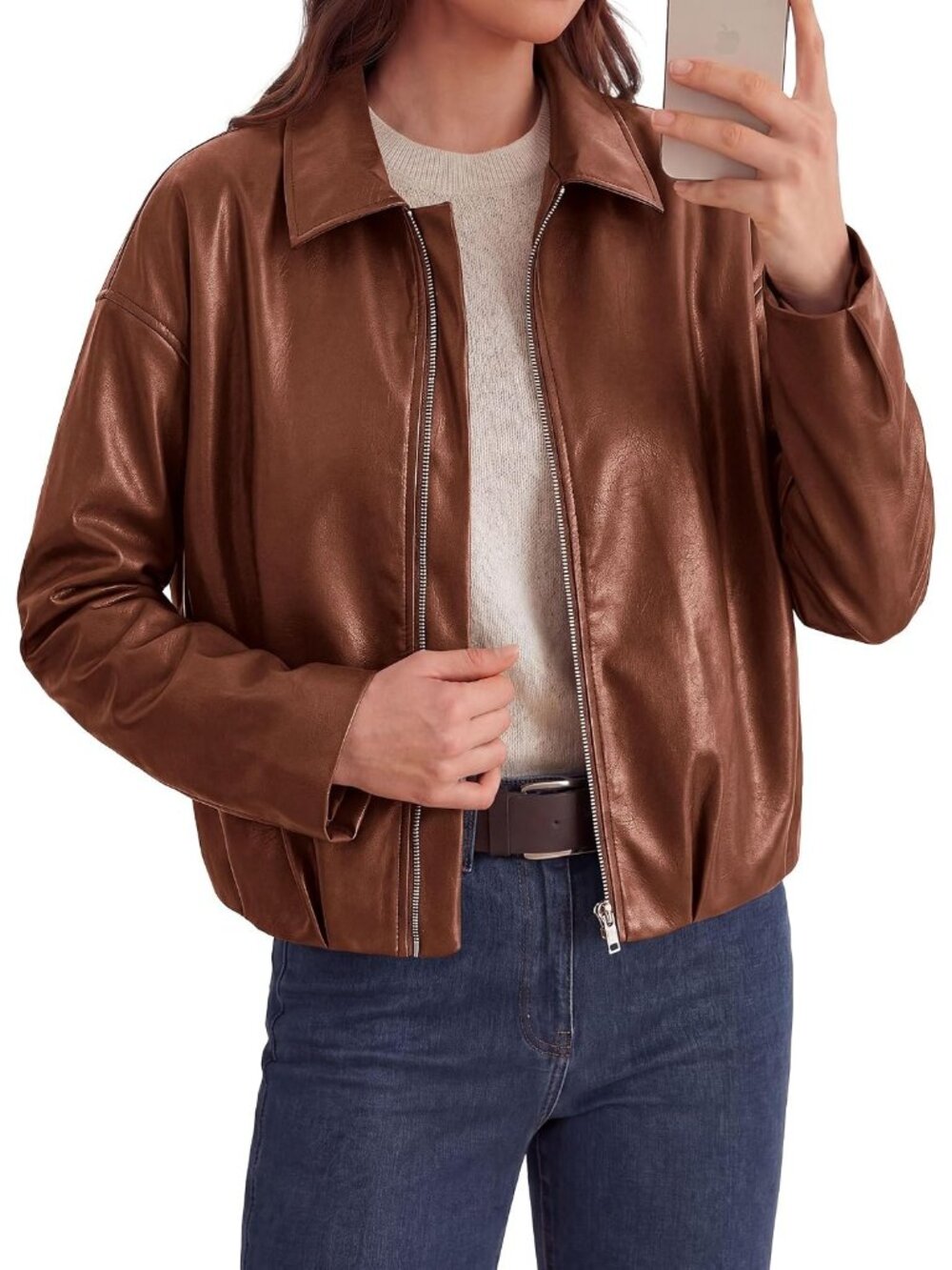 Women's Red Brown Faux Leather Motorcycle Jacket Cropped Zip Up Collared Coat